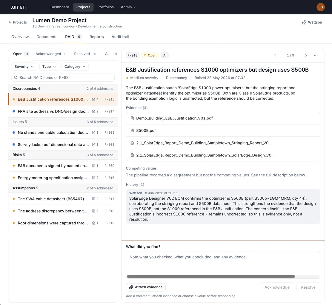 The Lumen register for a demo project: findings grouped into discrepancies, issues, risks and assumptions, with one finding open showing its evidence documents and history.